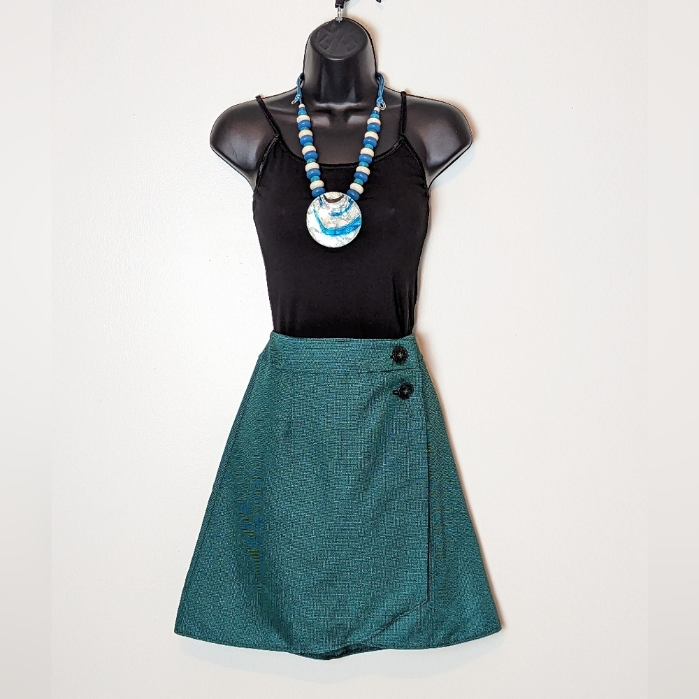 Teal Green & Black Wrap Tweed Mini Skirt